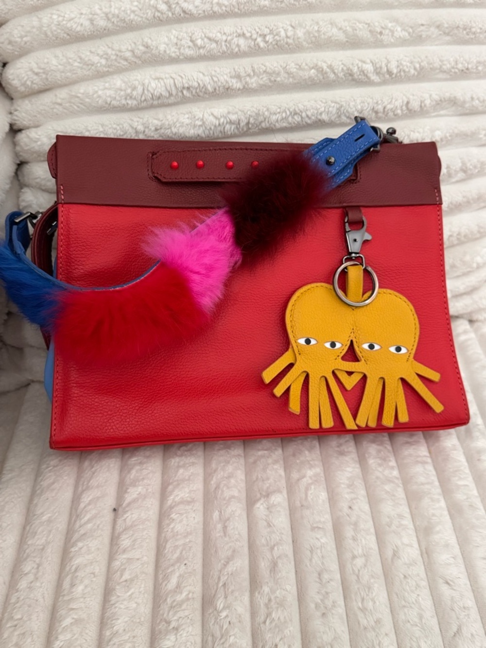 Min & Mon Colorblock Red Leather Crossbody with Octopus Yellow Charm